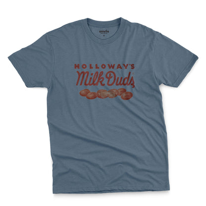 A blue t-shirt with vintage Milk Duds packaging graphics.
