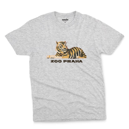 A grey marle t-shirt with a 1960s ad for Prague Zoo featuring a retro graphic of a resting tiger with 'ZOO PRAHA' printed underneath.