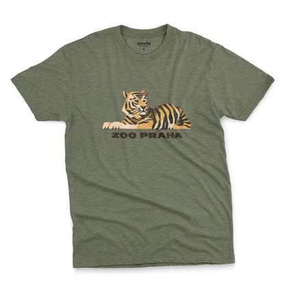 A green t-shirt with a 1960s ad for Prague Zoo featuring a retro graphic of a resting tiger with 'ZOO PRAHA' printed underneath.
