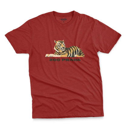 A red t-shirt with a 1960s ad for Prague Zoo featuring a retro graphic of a resting tiger with 'ZOO PRAHA' printed underneath.
