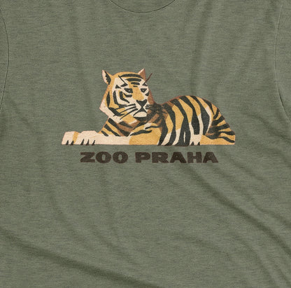 A green t-shirt with a 1960s ad for Prague Zoo featuring a retro graphic of a resting tiger with 'ZOO PRAHA' printed underneath.