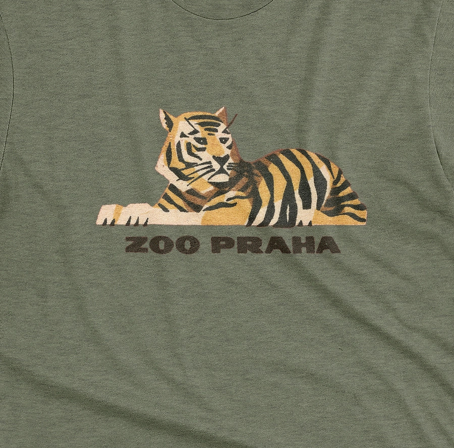 A green t-shirt with a 1960s ad for Prague Zoo featuring a retro graphic of a resting tiger with 'ZOO PRAHA' printed underneath.