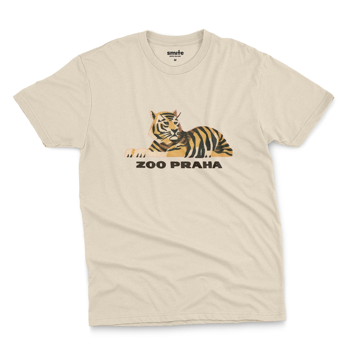 A beige t-shirt with a 1960s ad for Prague Zoo featuring a retro graphic of a resting tiger with 'ZOO PRAHA' printed underneath.