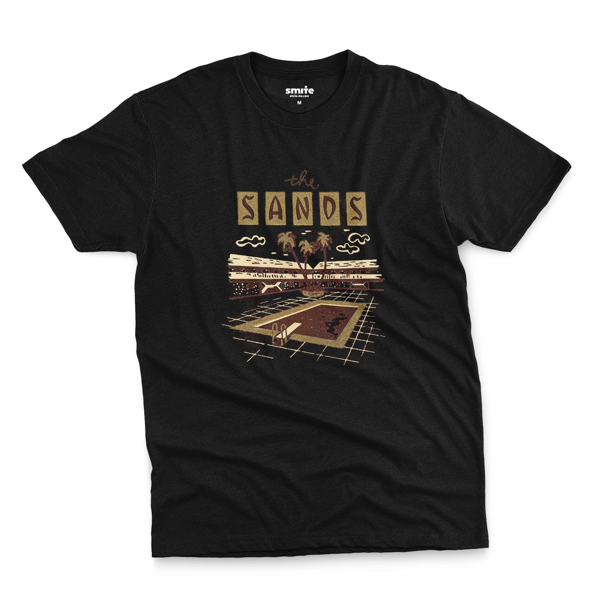 A black t-shirt with a retro advertisement for 'the SANDS' hotel featuring a poolside scene.