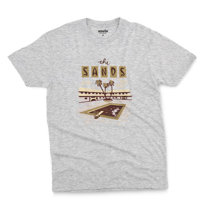 A gray marle t-shirt with a retro advertisement for 'the SANDS' hotel featuring a poolside scene.