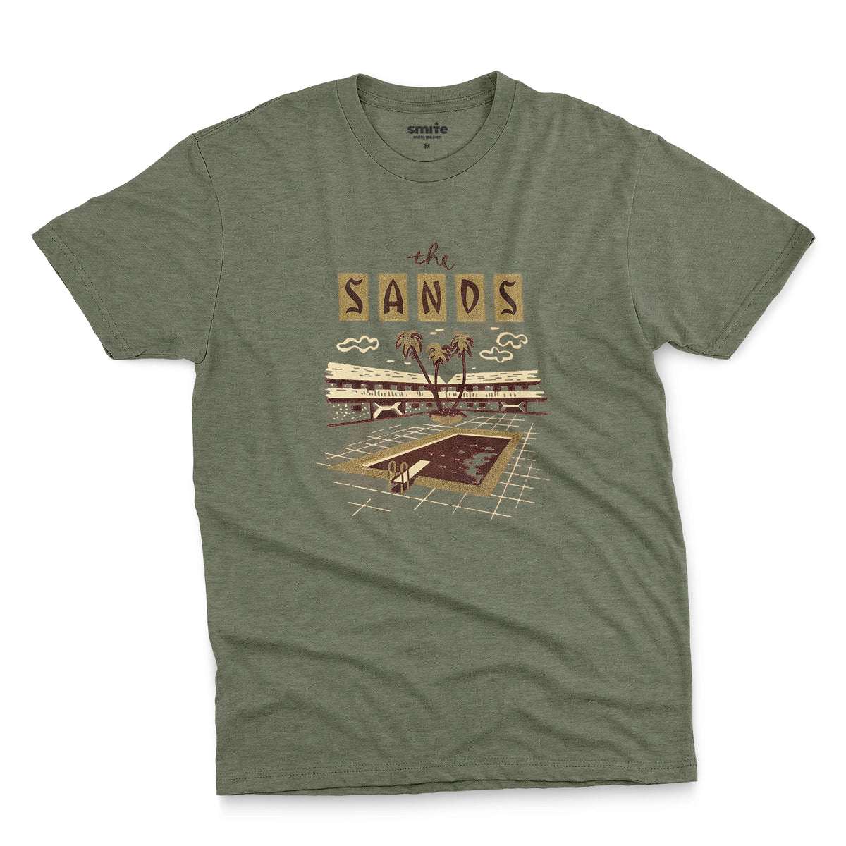 A green t-shirt with a retro advertisement for 'the SANDS' hotel featuring a poolside scene.