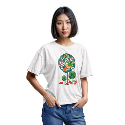 A white t-shirt with a retro Czech illustration of a bird in a tree promoting happy work environments.