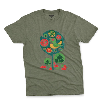 A green t-shirt with a retro Czech illustration of a bird in a tree promoting happy work environments.