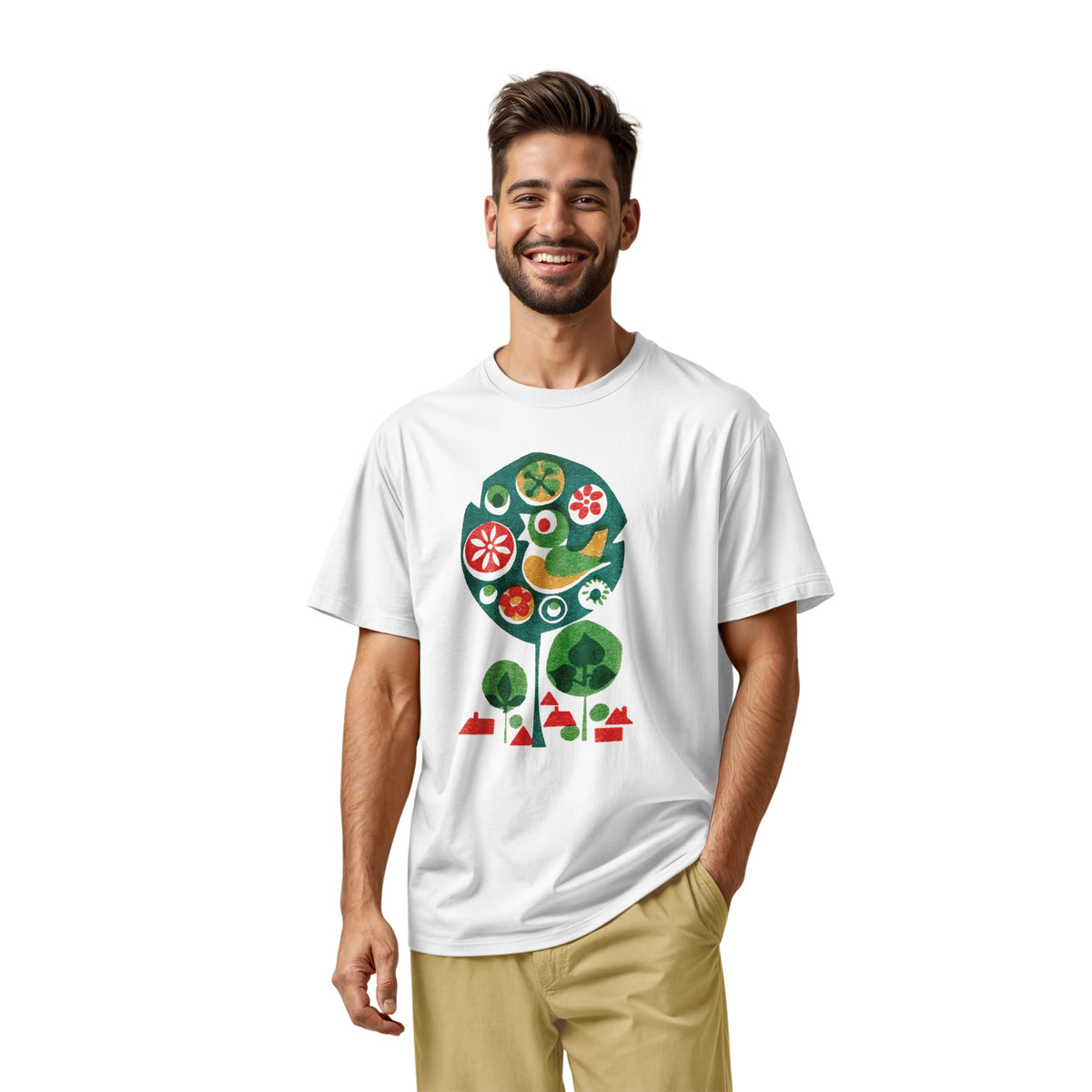 A white t-shirt with a retro Czech illustration of a bird in a tree promoting happy work environments.