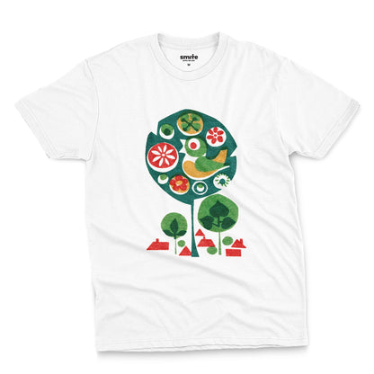 A white t-shirt with a retro Czech illustration of a bird in a tree promoting happy work environments.