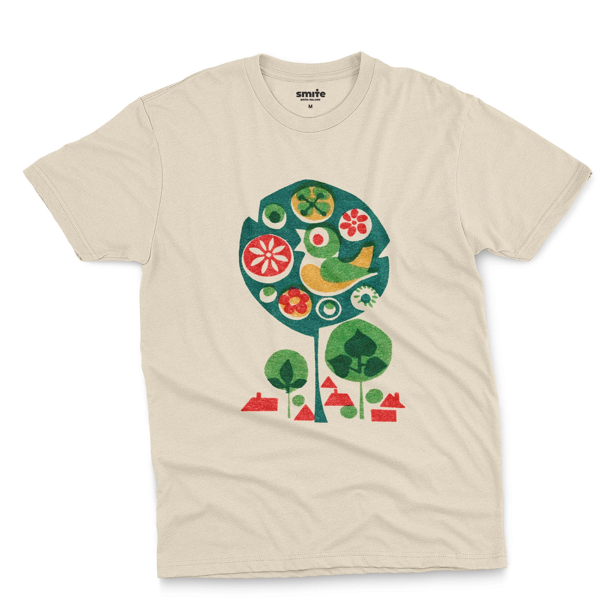 A beige t-shirt with a retro Czech illustration of a bird in a tree promoting happy work environments.