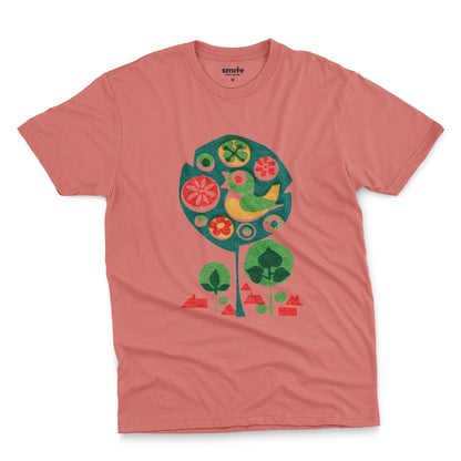A coral pink t-shirt with a retro Czech illustration of a bird in a tree promoting happy work environments.