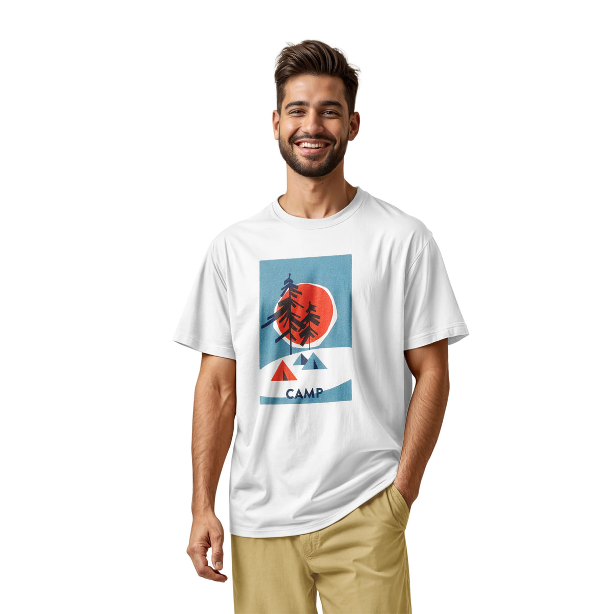 A white t-shirt featuring a 1960s retro-style graphic print of pine trees in front of a large orange-red sun within a blue square, with small orange and blue tents below and the word 'CAMP'.