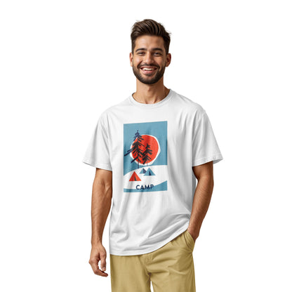 A white t-shirt featuring a 1960s retro-style graphic print of pine trees in front of a large orange-red sun within a blue square, with small orange and blue tents below and the word 'CAMP'.