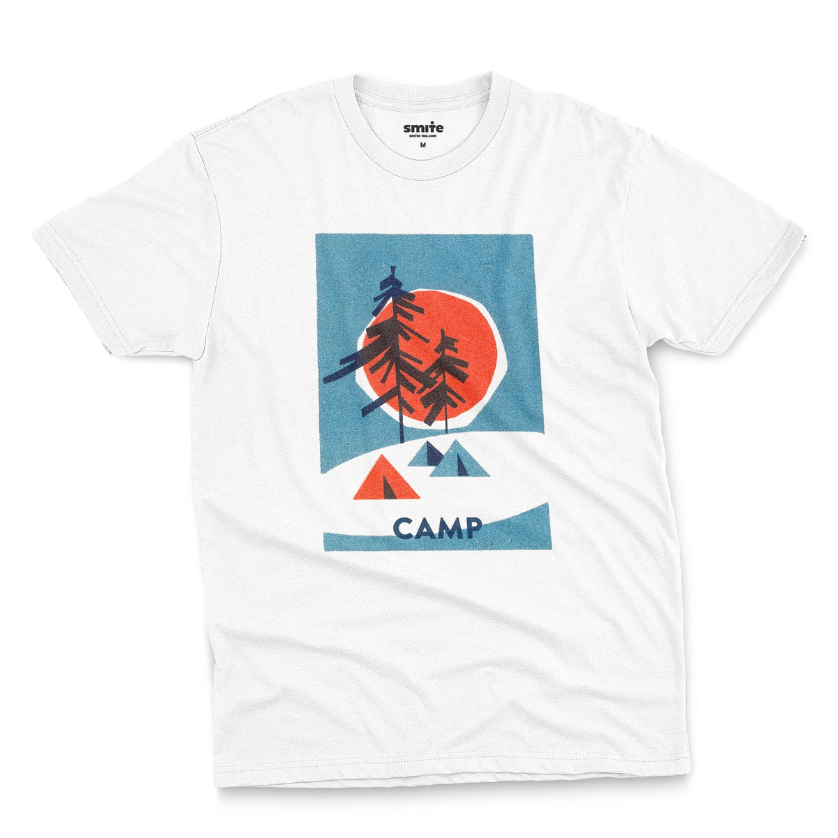 A white t-shirt featuring a 1960s retro-style graphic print of pine trees in front of a large orange-red sun within a blue square, with small orange and blue tents below and the word 'CAMP'.