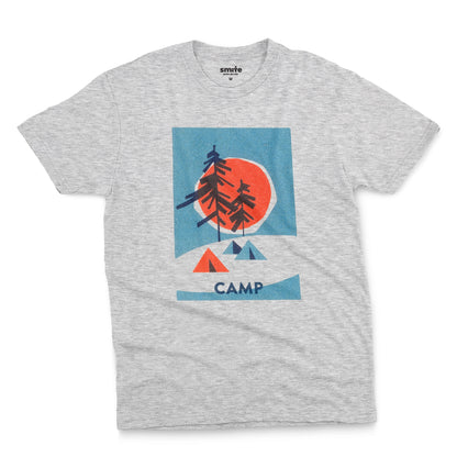 A gray marle t-shirt featuring a 1960s retro-style graphic print of pine trees in front of a large orange-red sun within a blue square, with small orange and blue tents below and the word 'CAMP'.