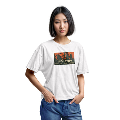 A white t-shirt with a vintage graphic print showing an industrial factory scene with the text 'INDUSTRY WILL EAT THE PLANET'.