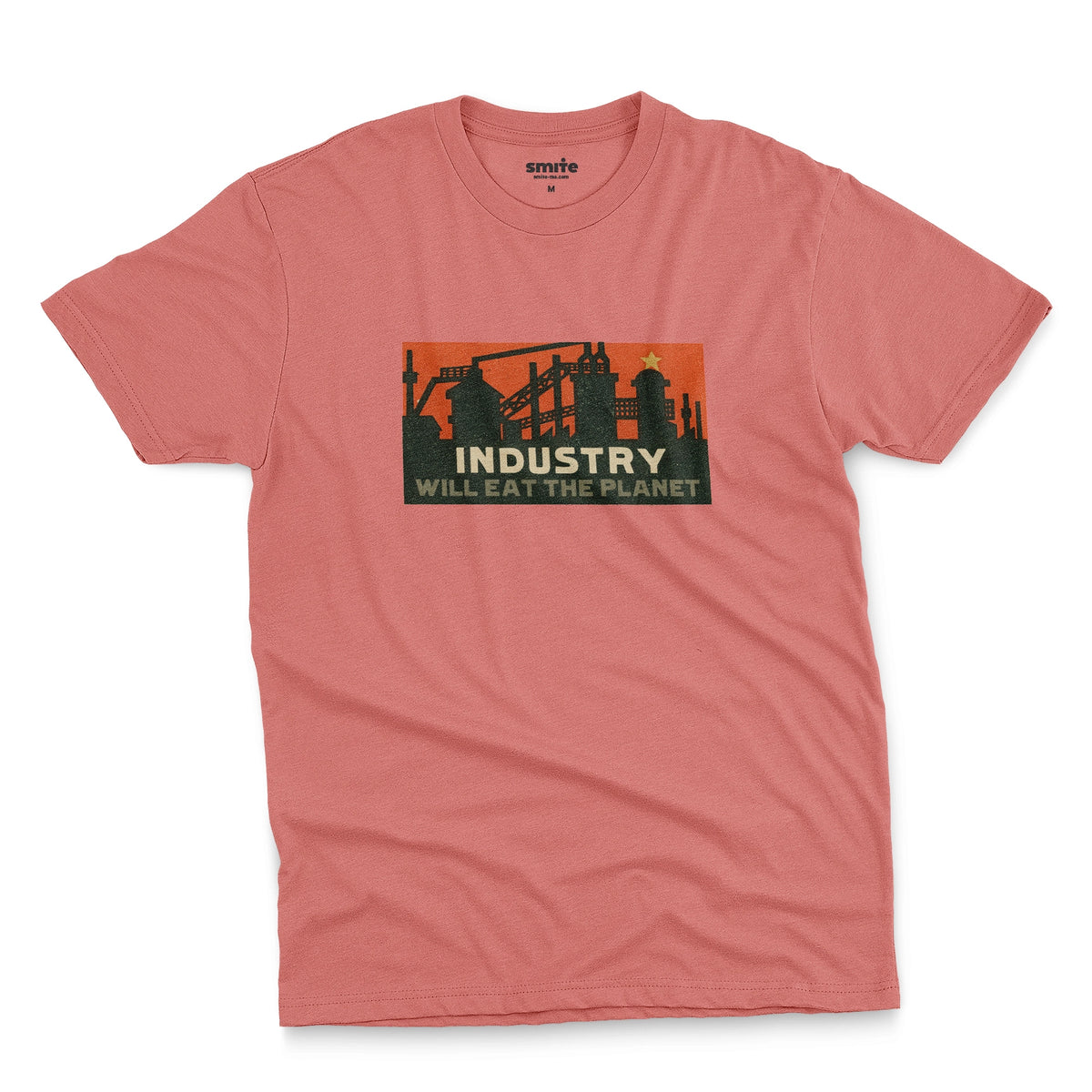 A coral pink t-shirt with a vintage graphic print showing an industrial factory scene with the text 'INDUSTRY WILL EAT THE PLANET'.