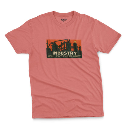A coral pink t-shirt with a vintage graphic print showing an industrial factory scene with the text 'INDUSTRY WILL EAT THE PLANET'.