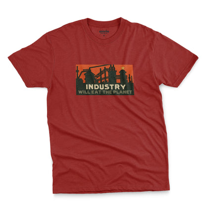 A red t-shirt with a vintage graphic print showing an industrial factory scene with the text 'INDUSTRY WILL EAT THE PLANET'.
