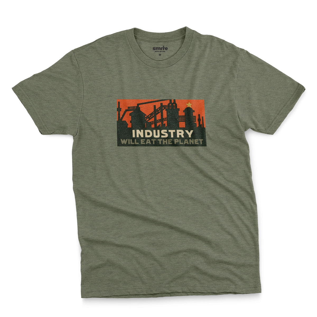 A green t-shirt with a vintage graphic print showing an industrial factory scene with the text 'INDUSTRY WILL EAT THE PLANET'.
