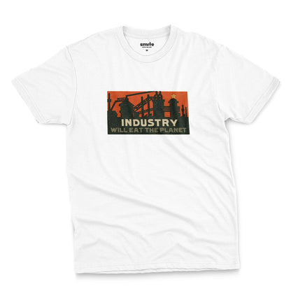 A white t-shirt with a vintage graphic print showing an industrial factory scene with the text 'INDUSTRY WILL EAT THE PLANET'.