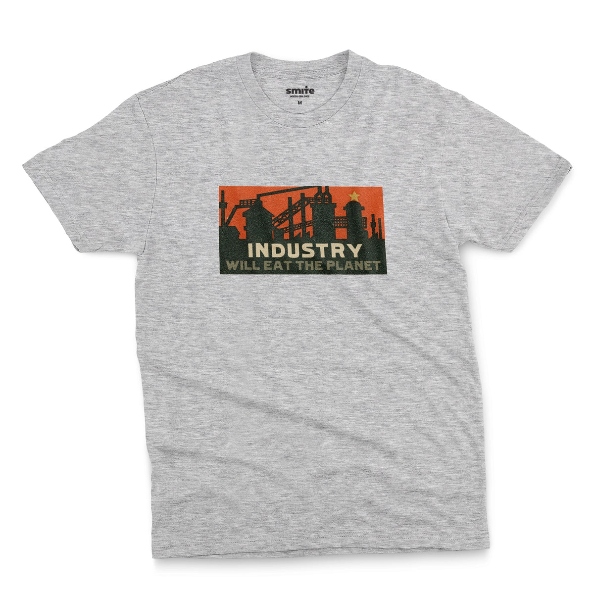 A gray marle t-shirt with a vintage graphic print showing an industrial factory scene with the text 'INDUSTRY WILL EAT THE PLANET'.