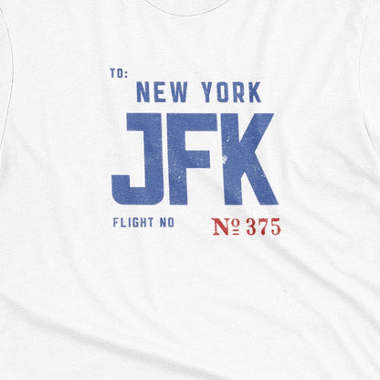 A white t-shirt with a vintage bag tag graphic from the 1960s saying New York JFK.
