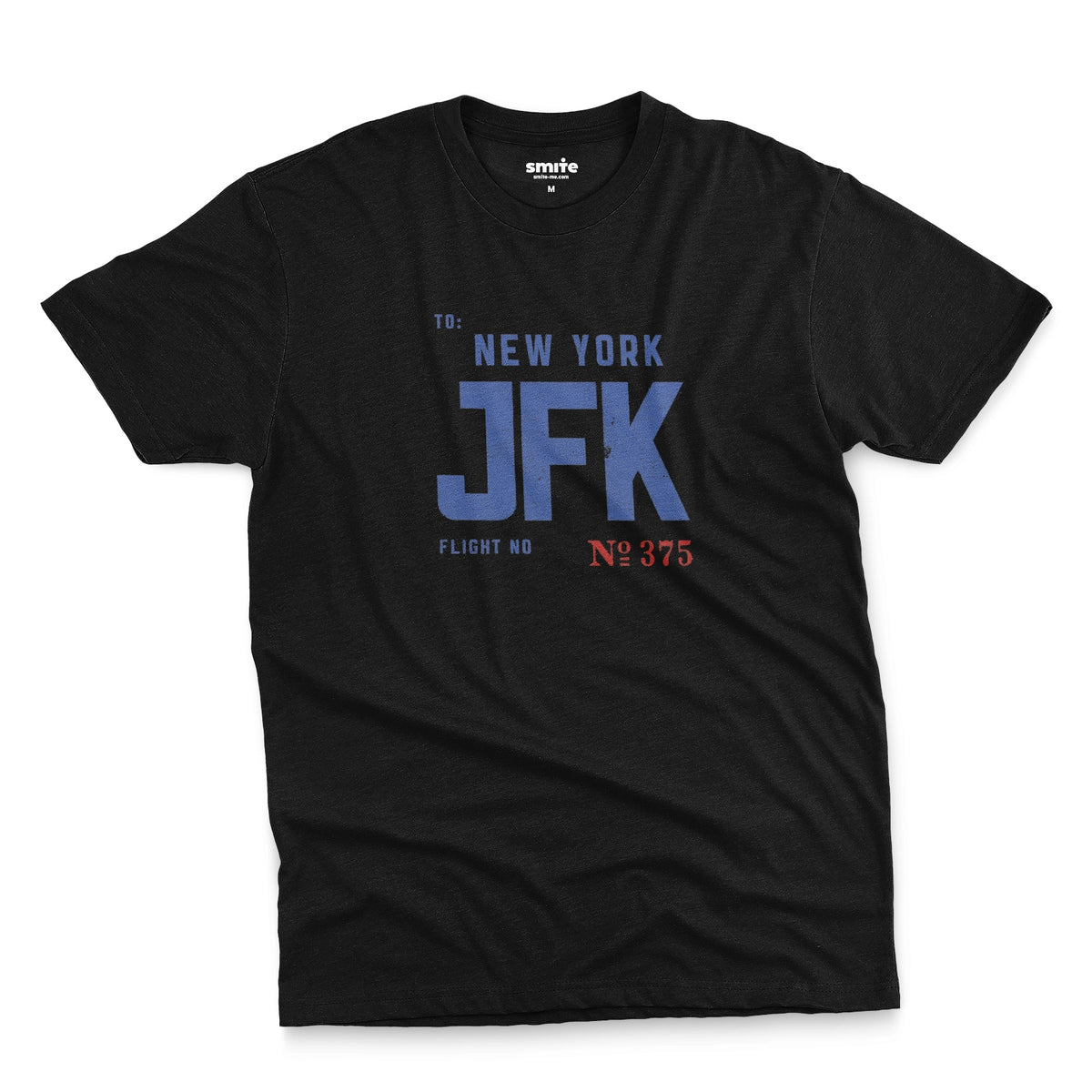 A black t-shirt with a vintage bag tag graphic from the 1960s saying New York JFK.