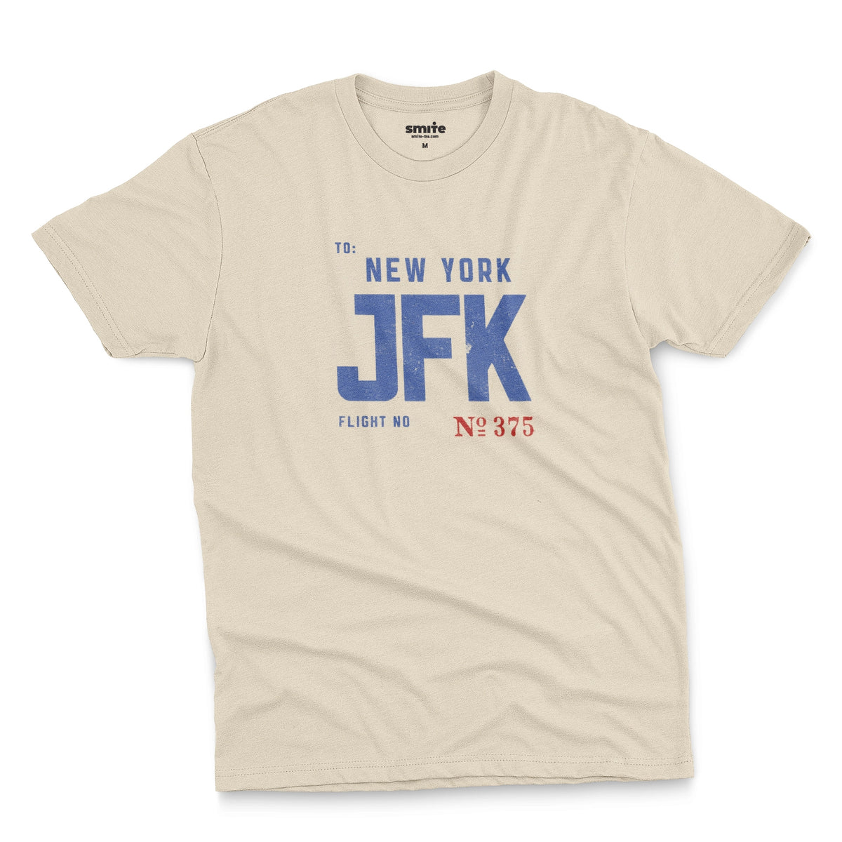 A beige t-shirt with a vintage bag tag graphic from the 1960s saying New York JFK.