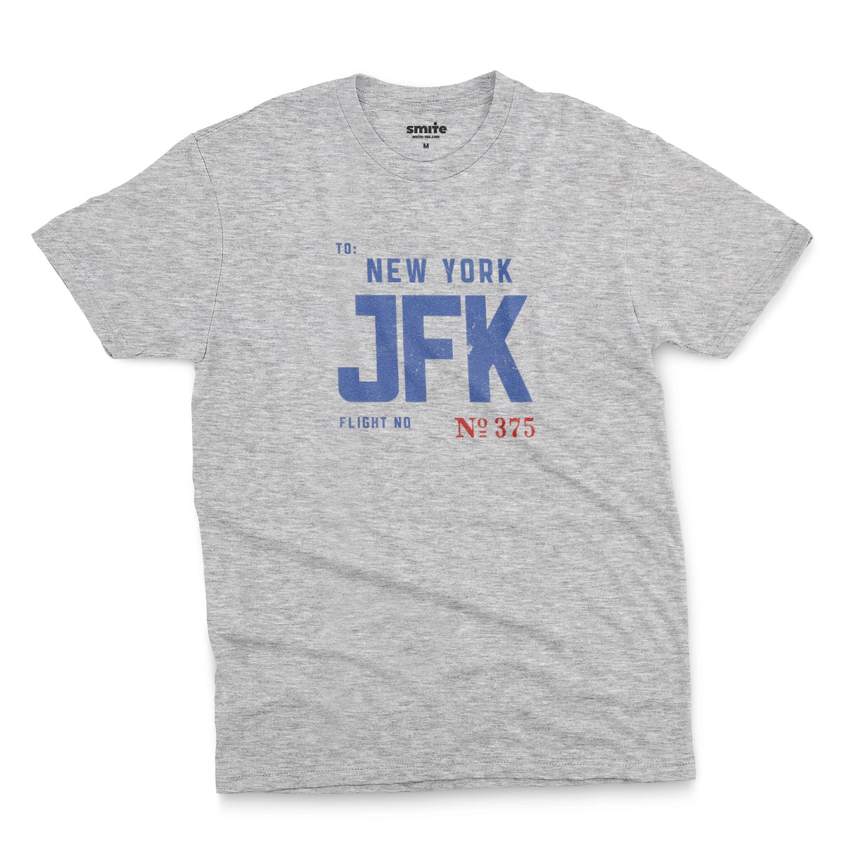 A grey marle t-shirt with a vintage bag tag graphic from the 1960s saying New York JFK.