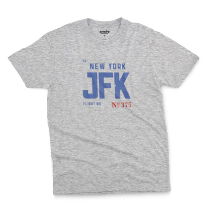 A grey marle t-shirt with a vintage bag tag graphic from the 1960s saying New York JFK.