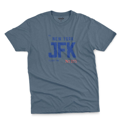 A blue t-shirt with a vintage bag tag graphic from the 1960s saying New York JFK.