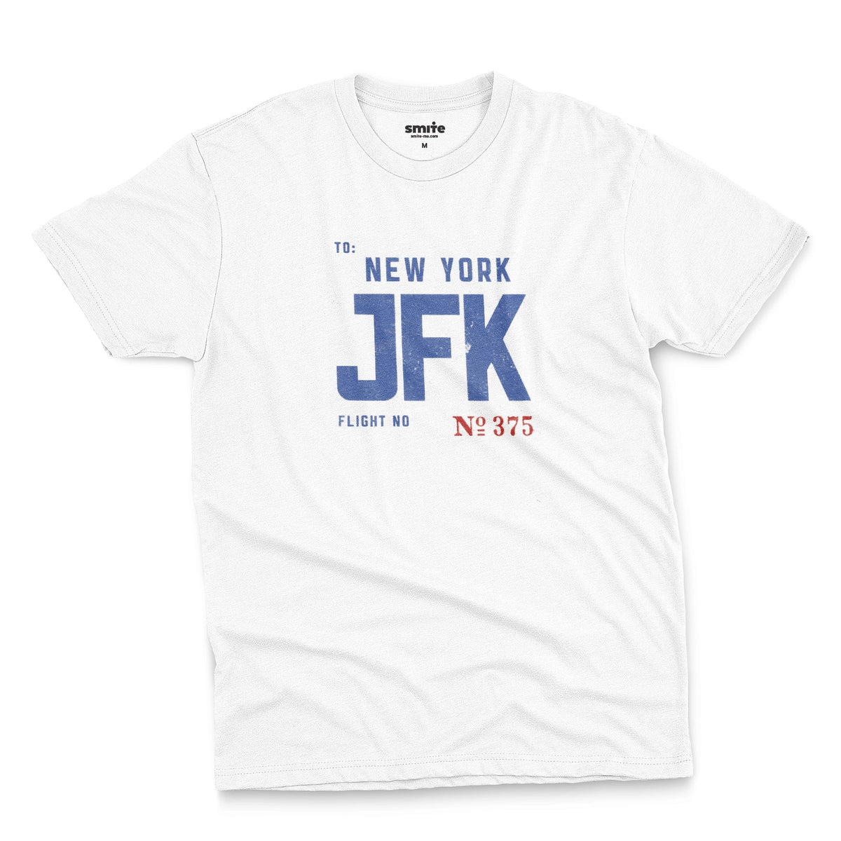 A white t-shirt with a vintage bag tag graphic from the 1960s saying New York JFK.