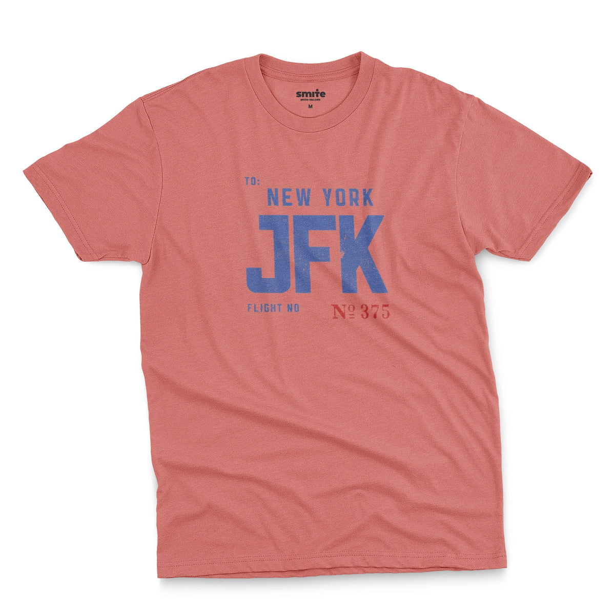 A coral pink t-shirt with a vintage bag tag graphic from the 1960s saying New York JFK.