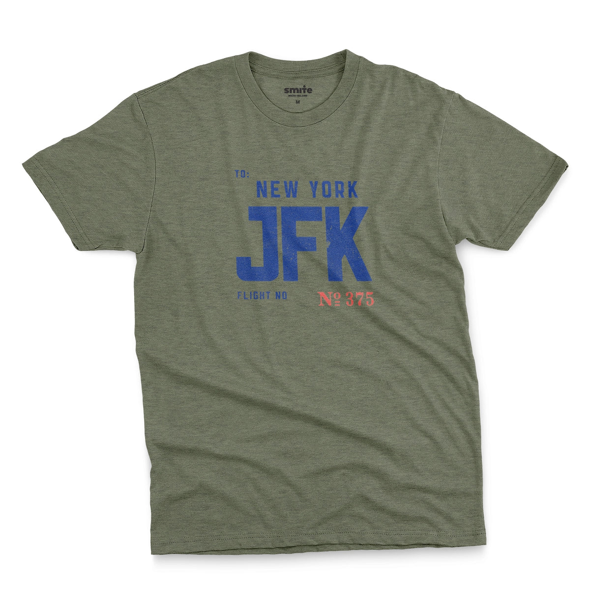 A green t-shirt with a vintage bag tag graphic from the 1960s saying New York JFK.