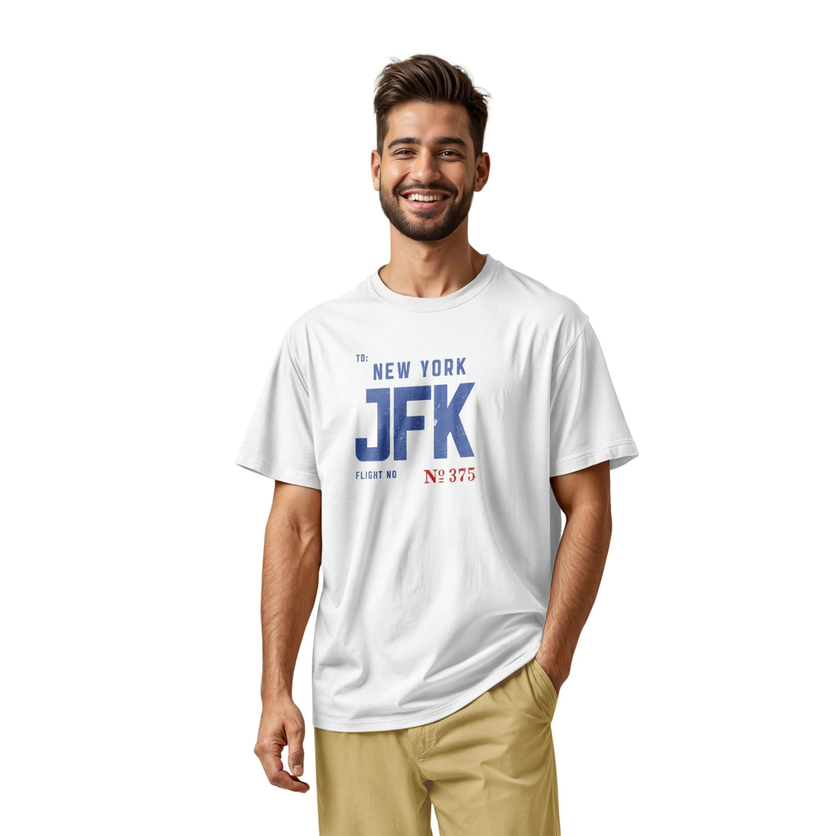 A white t-shirt with a vintage bag tag graphic from the 1960s saying New York JFK.