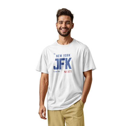 A white t-shirt with a vintage bag tag graphic from the 1960s saying New York JFK.