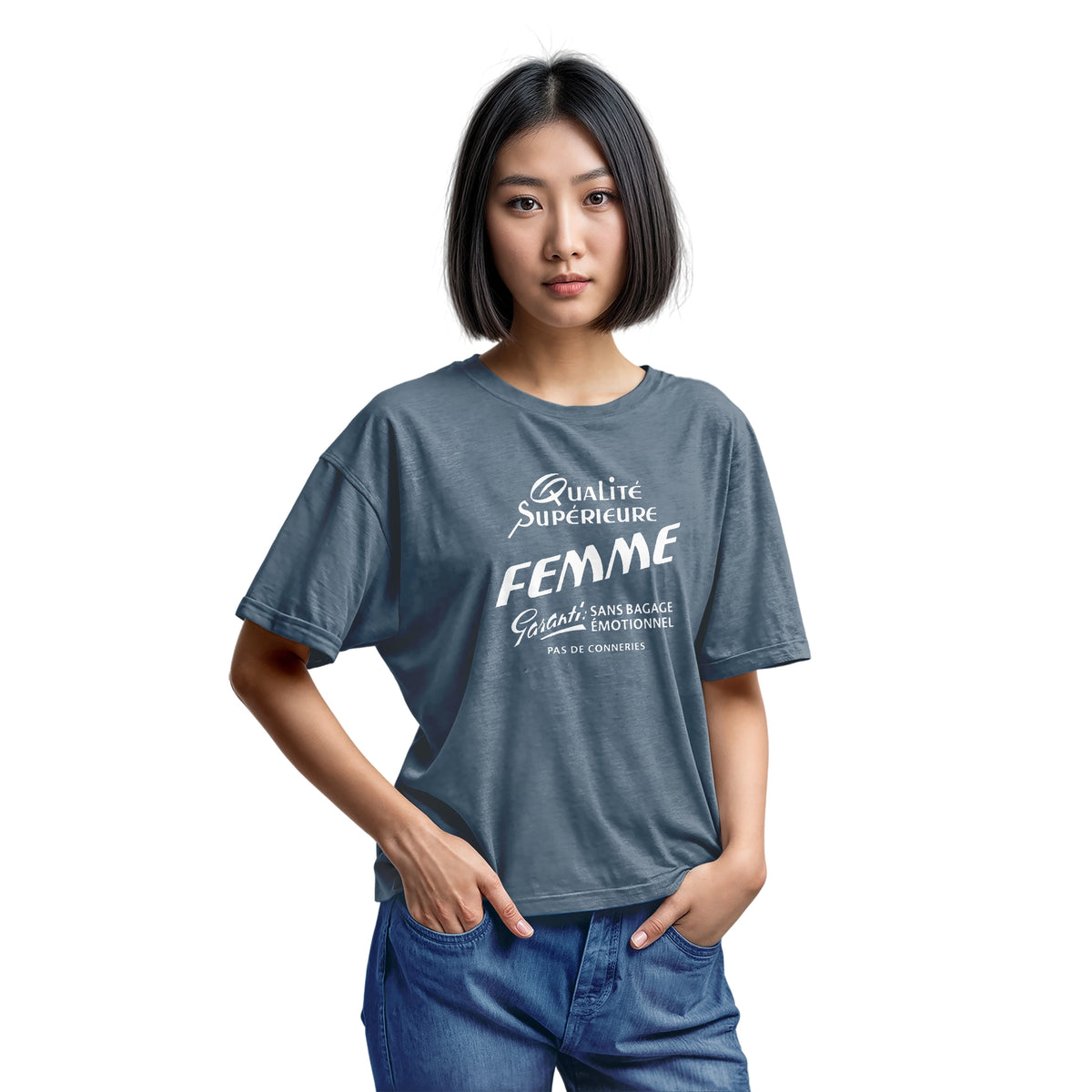 A blue t-shirt with white French text printed on the front. It translates as 'Superior Quality Woman Guarantee: No Emotional Baggage'.