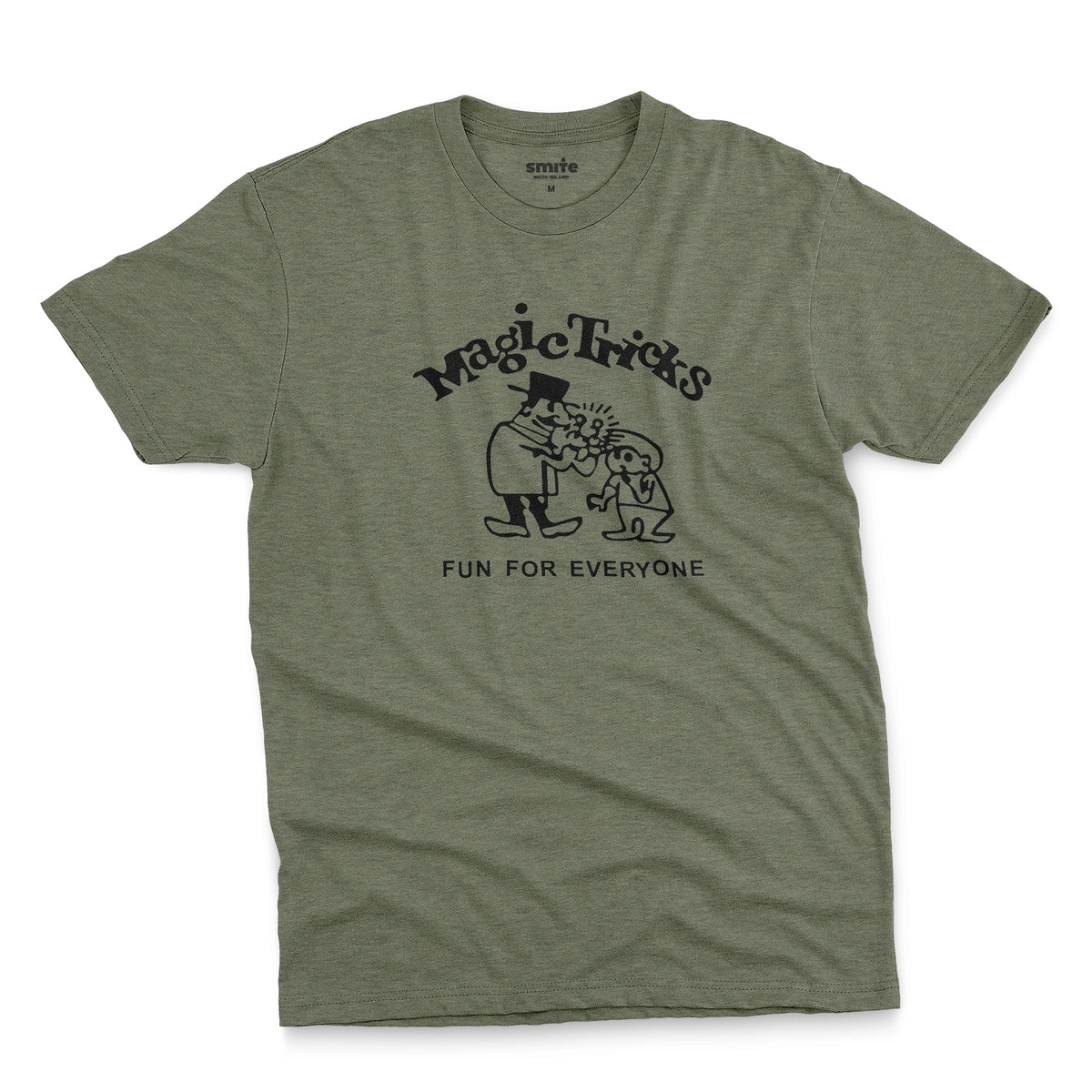 A green t-shirt with a black graphic print on the front that reads 'Magic Tricks' above a cartoon of a magician and a spectator, with 'FUN FOR EVERYONE' printed below.