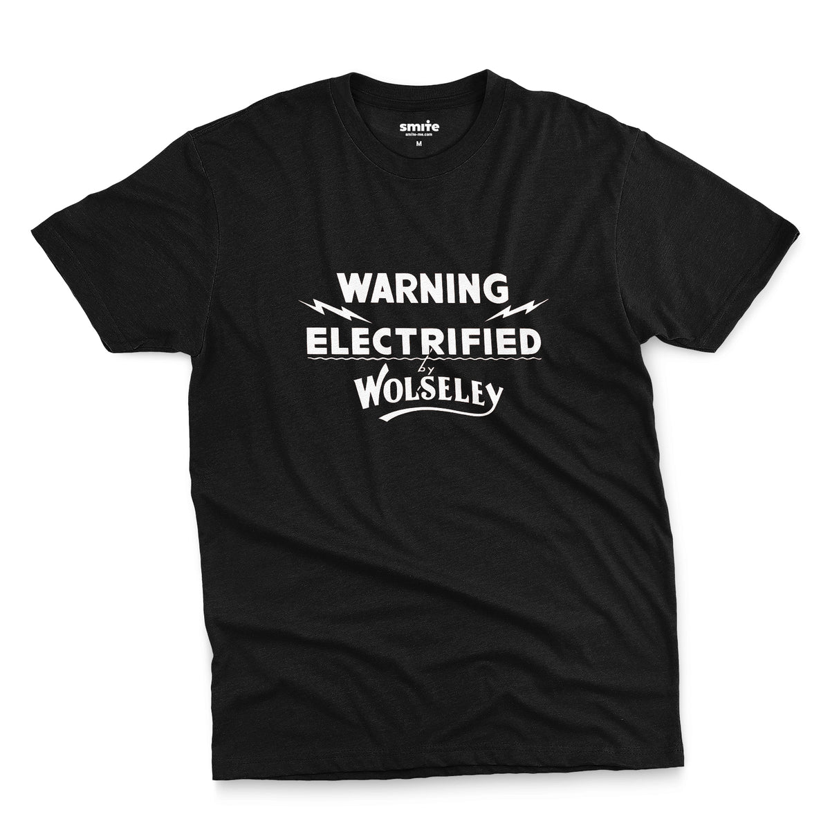 A black t-shirt with vintage graphics from an electric fence sign for the Wolseley brand from the early 1900s.