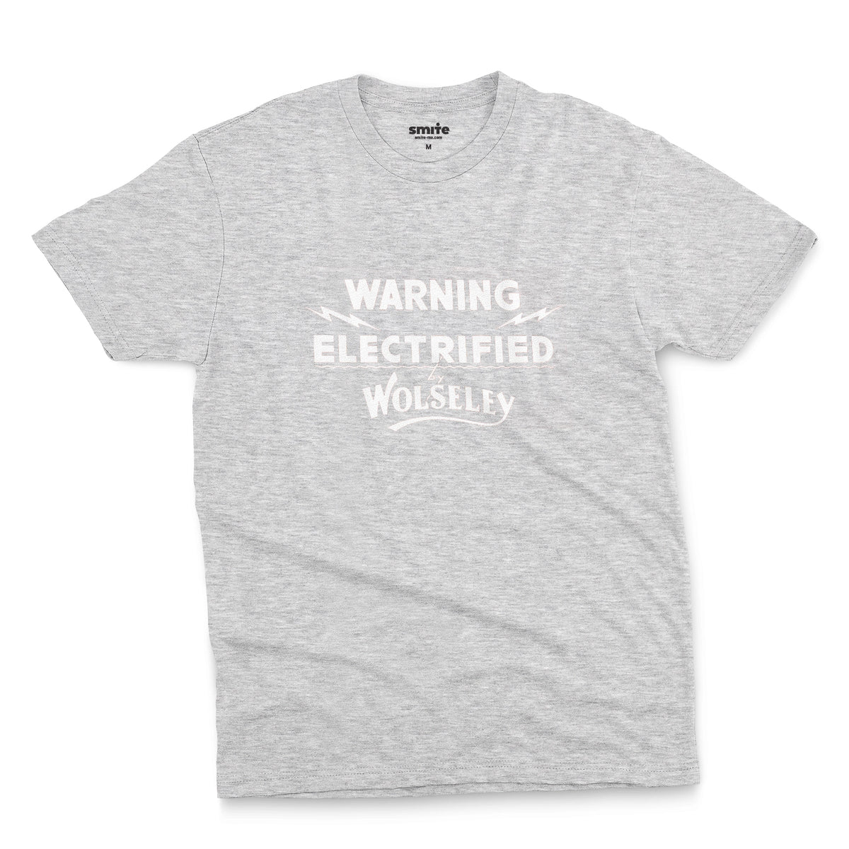 A gray marle t-shirt with vintage graphics from an electric fence sign for the Wolseley brand from the early 1900s.