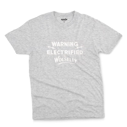 A gray marle t-shirt with vintage graphics from an electric fence sign for the Wolseley brand from the early 1900s.