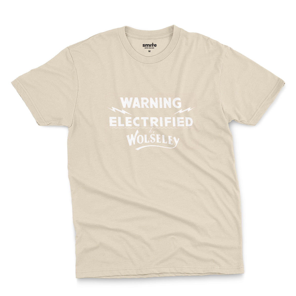 A beige t-shirt with vintage graphics from an electric fence sign for the Wolseley brand from the early 1900s.