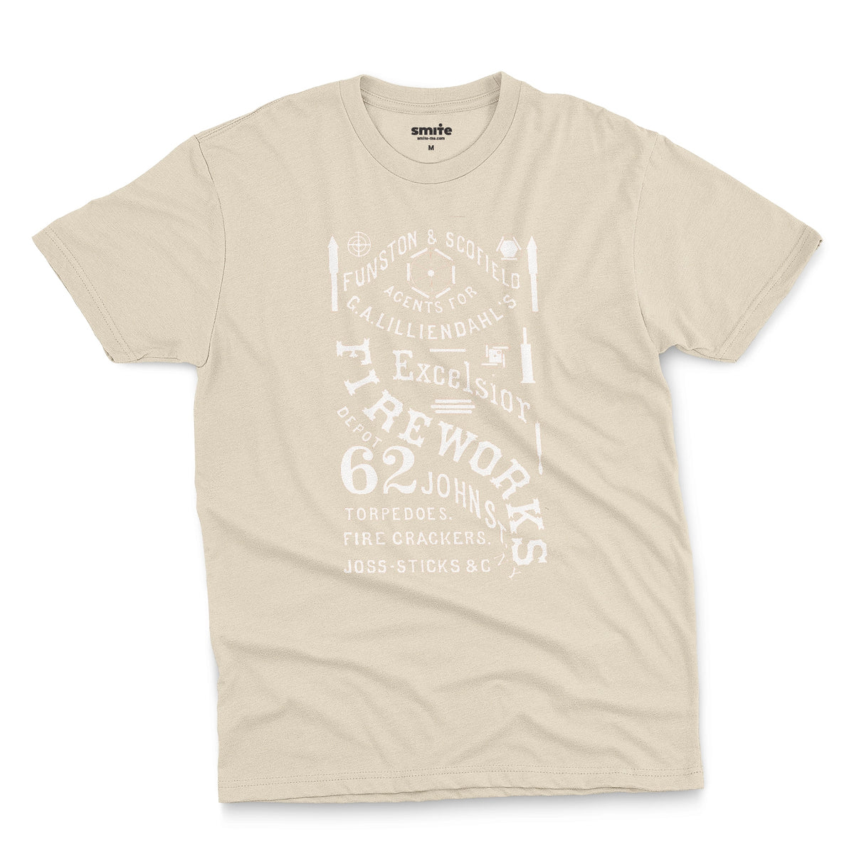 A beige t-shirt with a white vintage graphic of Excelsior Fireworks packaging.