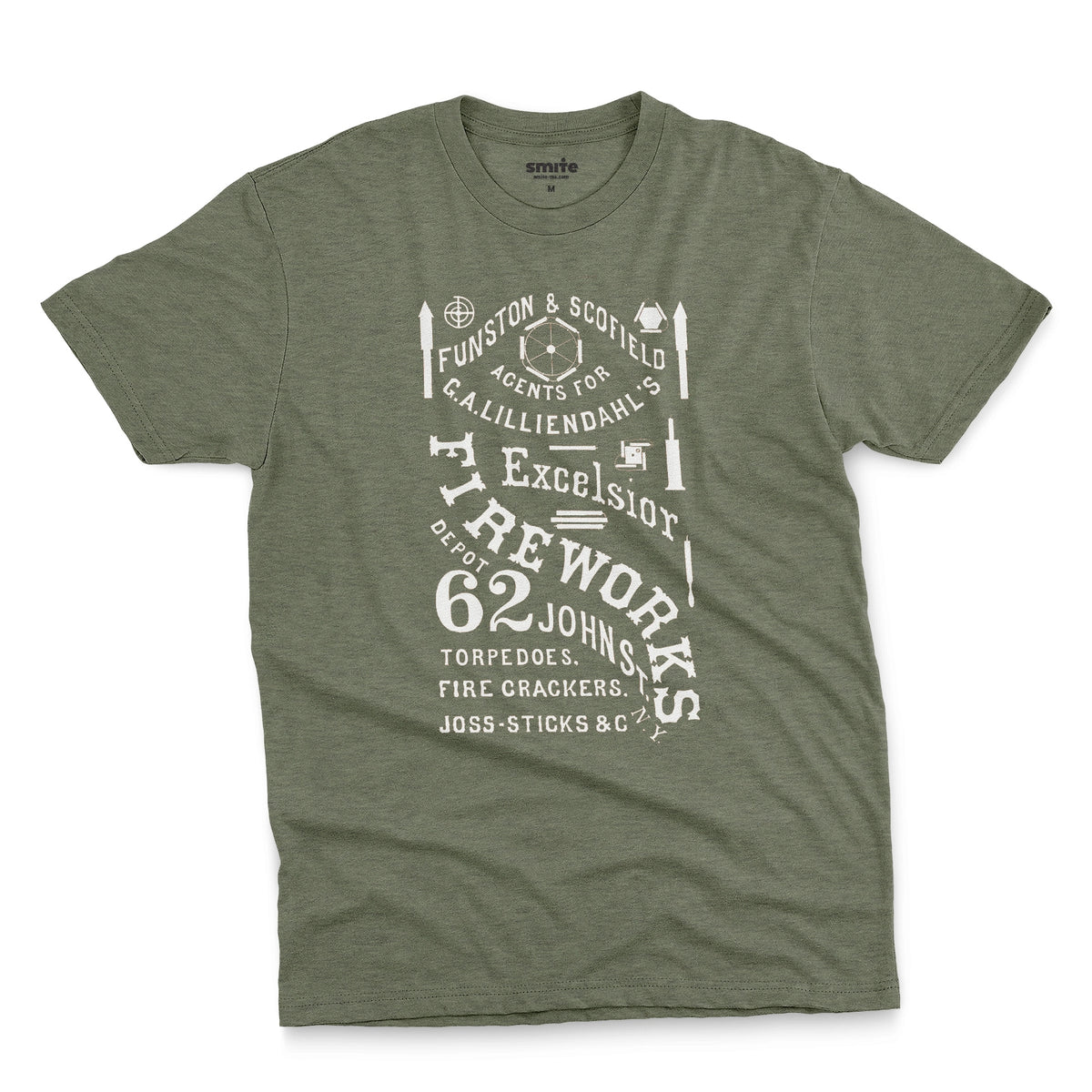 A green t-shirt with a white vintage graphic of Excelsior Fireworks packaging.