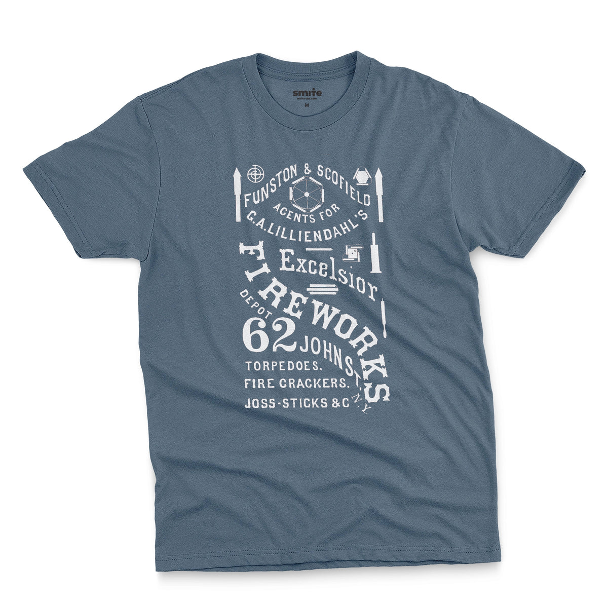 A blue t-shirt with a white vintage graphic of Excelsior Fireworks packaging.