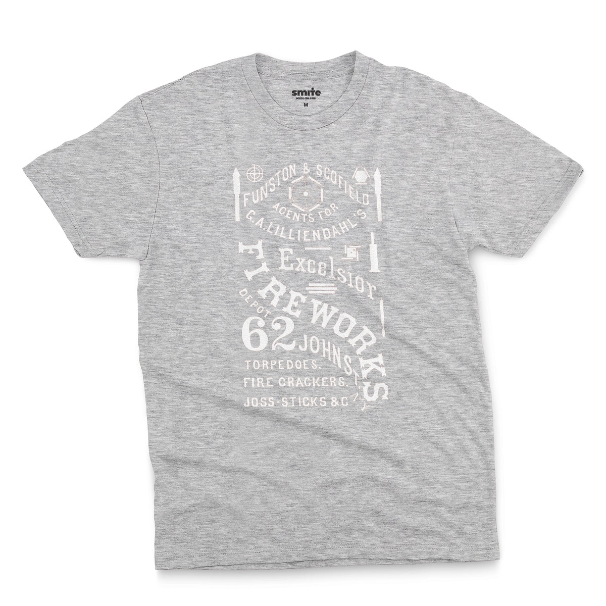 A gray marle t-shirt with a white vintage graphic of Excelsior Fireworks packaging.