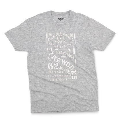 A gray marle t-shirt with a white vintage graphic of Excelsior Fireworks packaging.