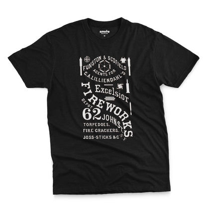 A black t-shirt with a white vintage graphic of Excelsior Fireworks packaging.